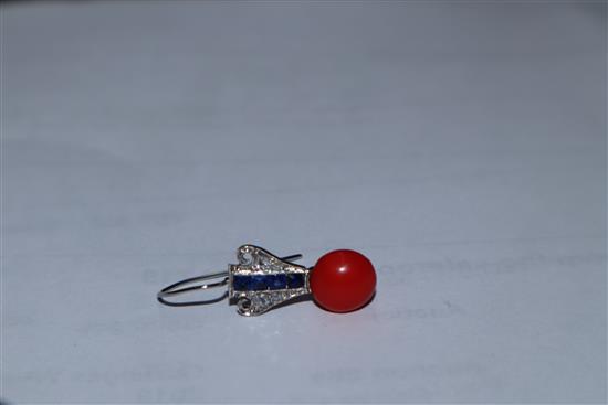 A pair of white metal, coral bead, diamond and synthetic? sapphire earrings 19mm.